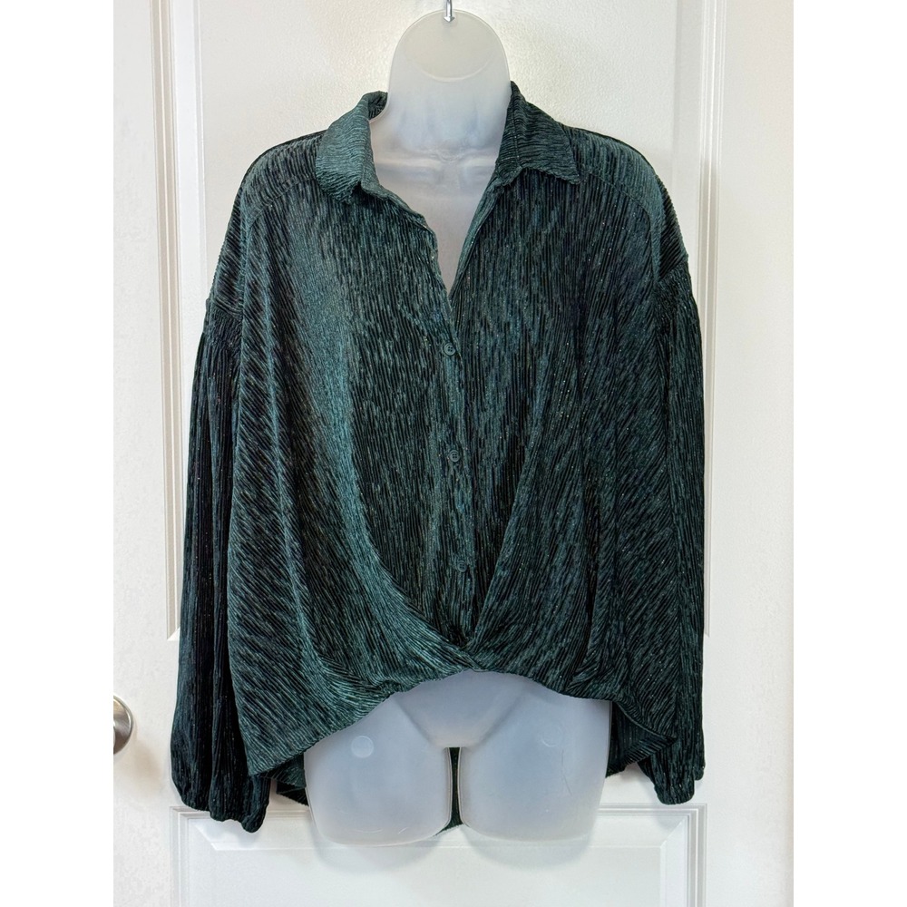 Skies Are Blue Crushed Velvet Twist Front Button Up Shirt Blouse Emerald Green S